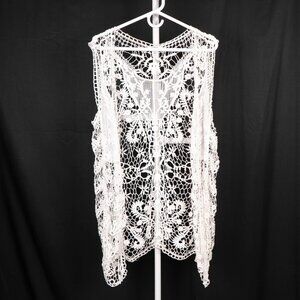 Crochet Lace Open Front Vest Cato XL Womens White Boho Hippie Cover Up Festival